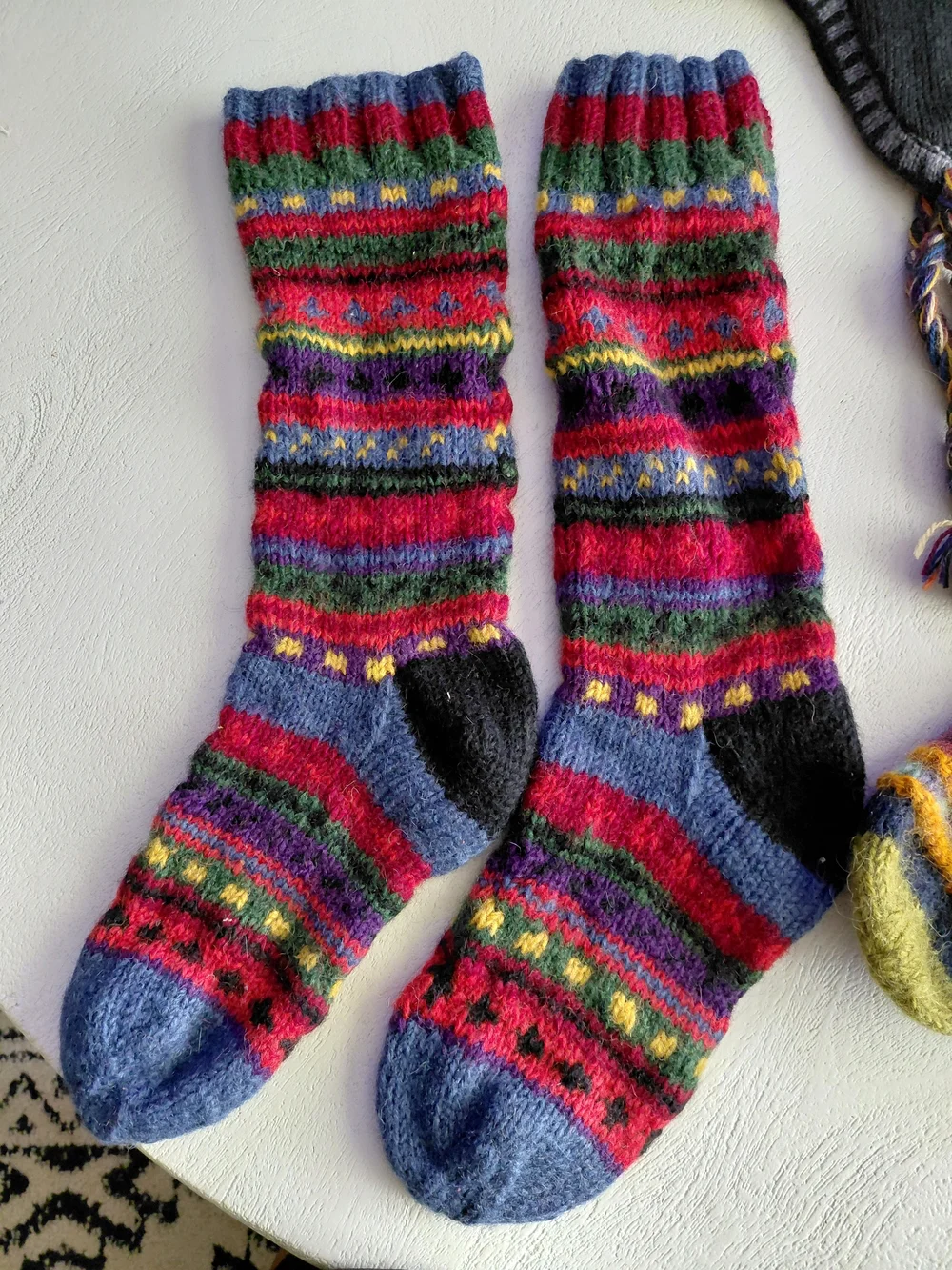 Nepal Hand-Knit Multicolor Wool Socks & Reversable Alpaca Fur Hat